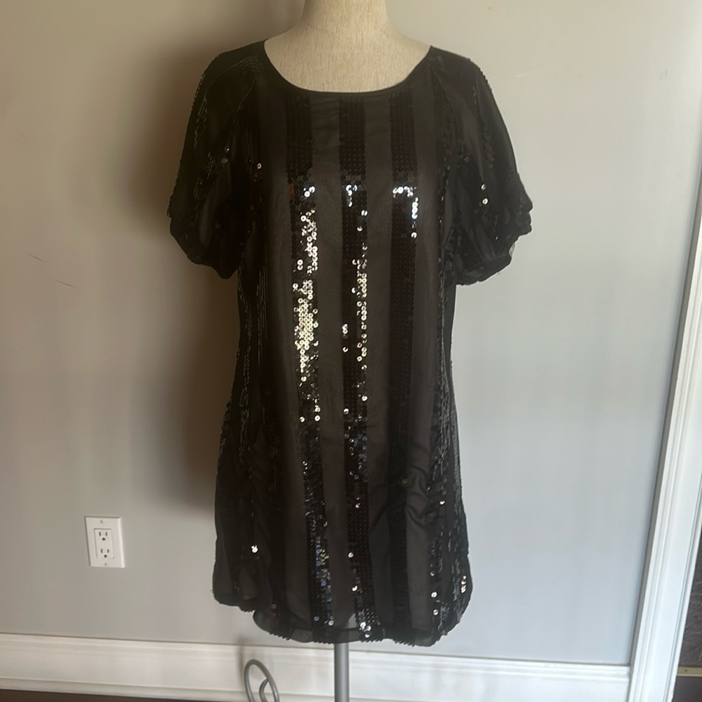 NWT WD.NY Black Sequin Stripe Party Dress L